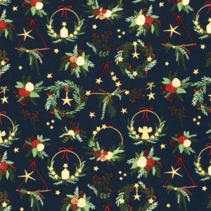 katoen poplin kerst ornamenten marine/goud