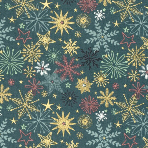 katoen poplin kerst sterren petrol/goud