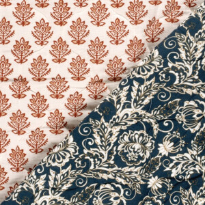 Stepp mousseline gewatteerd abstract/bloemen offwhite/marine