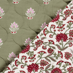 Stepp mousseline gewatteerd abstract/bloemen kaki groen