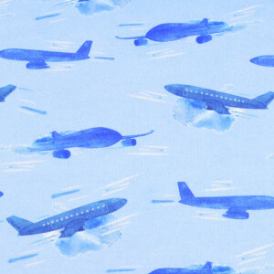 100x150 cm sweat/french terry digitaaldruk vliegtuigen lichtblauw Blooming Fabrics