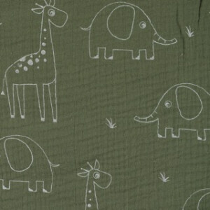 katoenen mousseline giraffen en olifanten bos groen