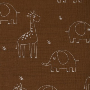 katoenen mousseline giraffen en olifanten bruin