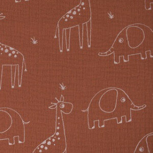 katoenen mousseline giraffen en olifanten roodbruin