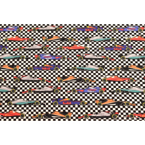 100x150 cm katoen tricot raceauto's op finish vlag zwart/wit/multicolor
