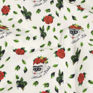 katoen poplin Frida Khalo rozen wit
