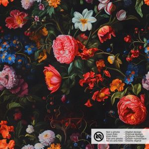 Fluweel stof digitaaldruk bloemen zwart