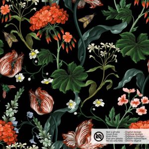 Fluweel stof digitaaldruk bloemen zwart