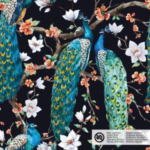 Fluweel stof digitaaldruk pauwen zwart