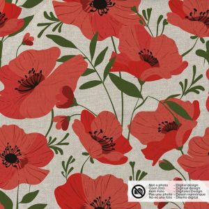 Decostof linnenlook digitaaldruk bloemen beige/rood