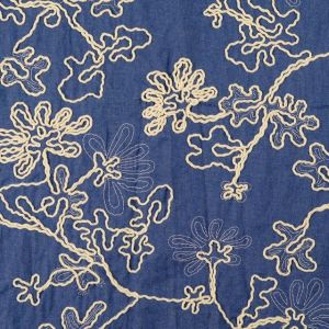 Katoen poplin geborduurd bloemen indigo