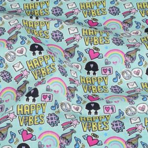 Katoen poplin trolls happy vibes lichtblauw
