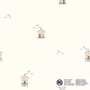 Katoen tricot strandhuisjes offwhite