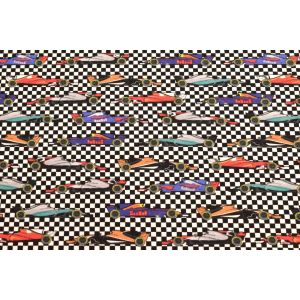 100x150 cm katoen tricot raceauto's op finish vlag zwart/wit/multicolor