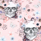 Katoen tricot digitaaldruk doodskoppen met bloemen lichtroze